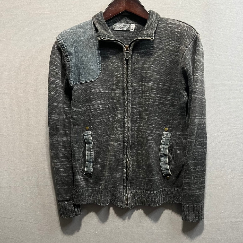 Retrofit Mens Full Zip Knit Sweater Grey Denim Trim Mock Neck Cardigan Large